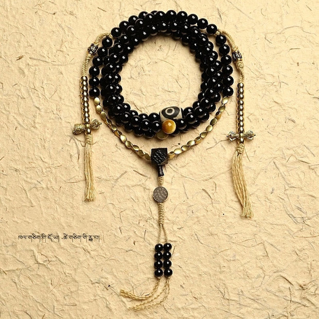 Buddhazens Tibetan 108 Mala Beads Black Onyx Three-eyed Dzi Beads Protection Bracelet Mala Bracelet BS 10