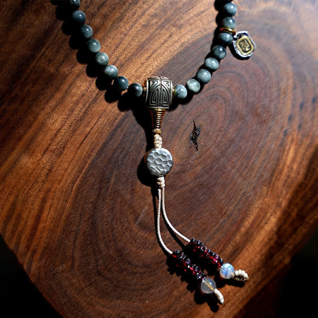 Buddhazens 925 Sterling Silver 108 Mala Beads Eagle's Eye Stone Moonstone Positive Bracelet Mala Bracelet BS 4