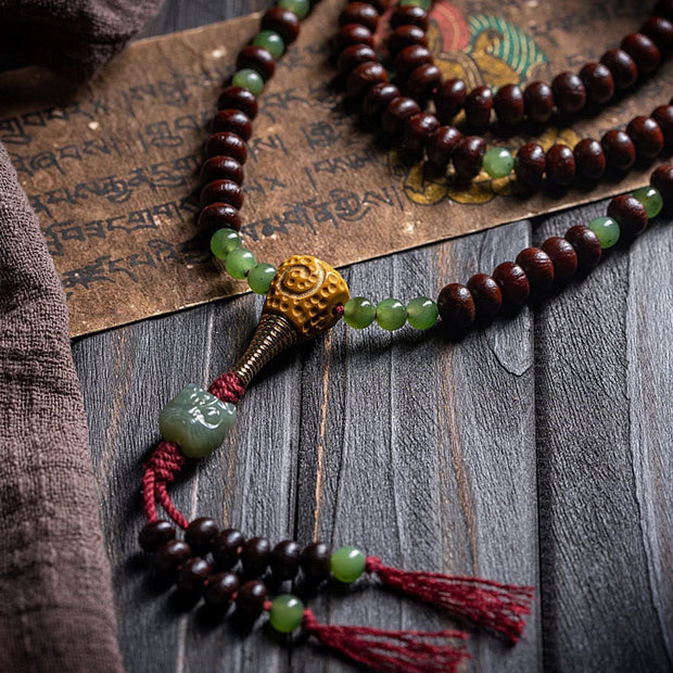 Buddhazens Natural Tibet 108 Mala Beads Purple Bodhi Seed Hetian Cyan Jade Copper Dorje Peace Bracelet Mala Bracelet BS 7