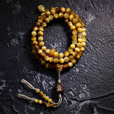 Buddhazens 108 Mala Beads Natural Tiger Eye Copper Dorje Protection Tassel Bracelet Mala Bracelet BS 6mm Tiger Eye Without Copper Dorje