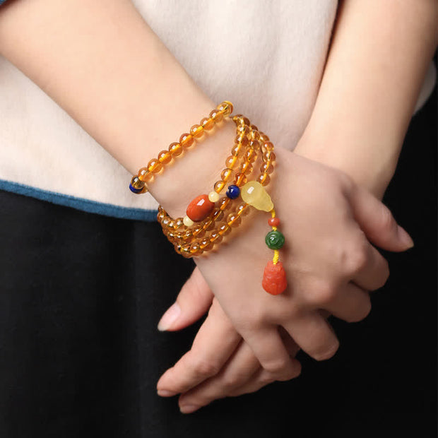 108 Mala Beads Natural Citrine Amber Peace Buckle Red Agate PiXiu Protection Charm Bracelet Mala Bracelet BS 18