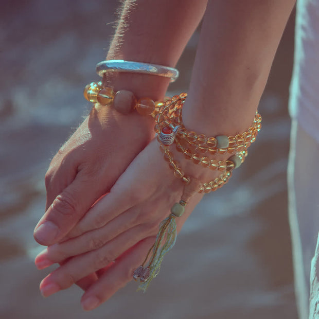 Buddhazens 108 Mala Beads 925 Sterling Silver Citrine Sandalwood Turquoise Protection Prosperity Bracelet Mala Bracelet BS 1