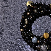 Buddhazens 108 Mala Beads Gold Sheen Obsidian Tiger Eye Eagle's Eye Stone Wealth Bracelet Mala Bracelet BS 22
