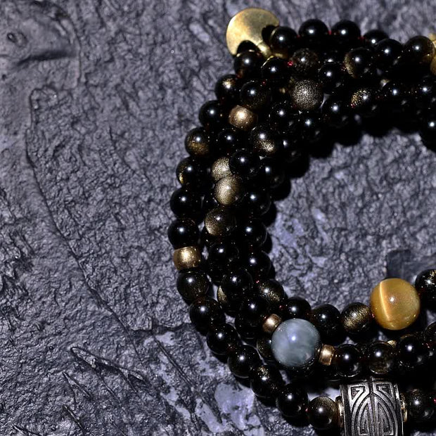 Buddhazens 108 Mala Beads Gold Sheen Obsidian Tiger Eye Eagle's Eye Stone Wealth Bracelet Mala Bracelet BS 22