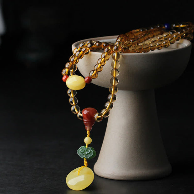 108 Mala Beads Natural Citrine Amber Peace Buckle Red Agate PiXiu Protection Charm Bracelet Mala Bracelet BS 12
