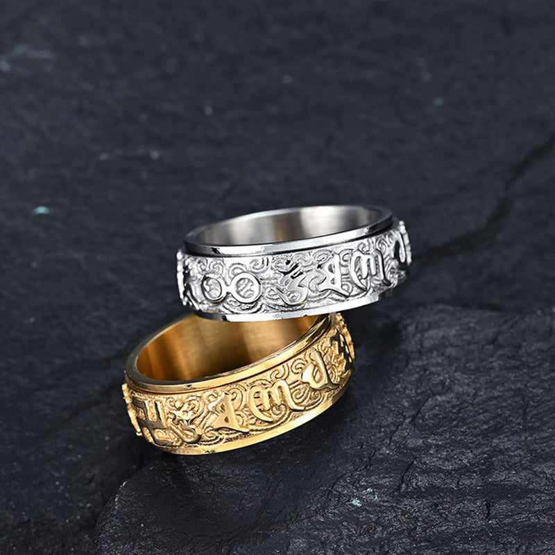 Buddha Stones Six True Words Balance Calm Titanium Steel Ring (Extra 30% Off | USE CODE: FS30)
