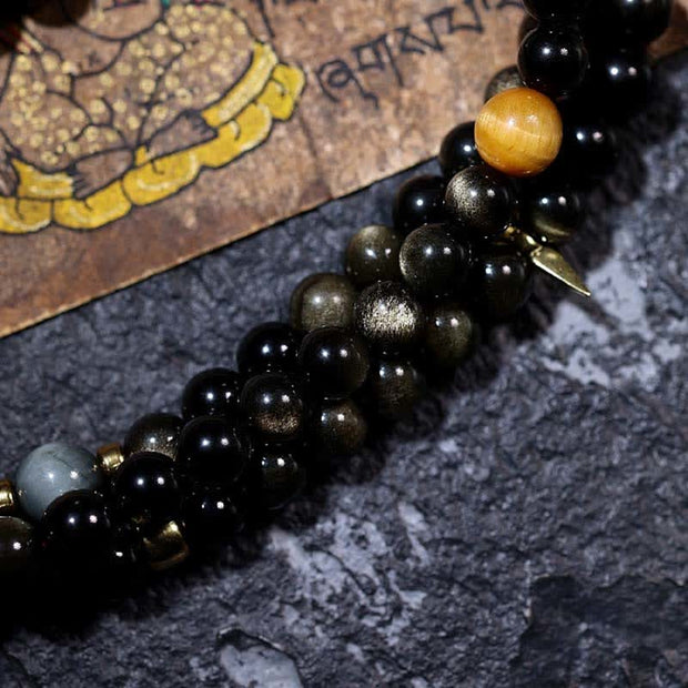 Buddhazens 108 Mala Beads Gold Sheen Obsidian Tiger Eye Eagle's Eye Stone Wealth Bracelet Mala Bracelet BS 24