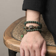 Buddhazens Cyan Bodhi Seed Dzi Bead Wisdom Peace Triple Wrap Bracelet Mala Bracelet BS 6