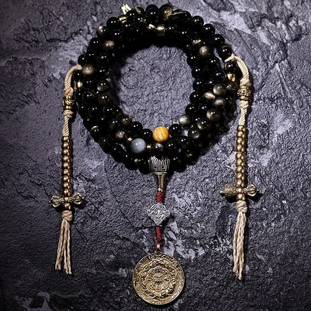 Buddhazens 108 Mala Beads Gold Sheen Obsidian Tiger Eye Eagle's Eye Stone Wealth Bracelet Mala Bracelet BS 25
